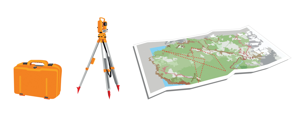 Illustration of some land survey equipment and a map