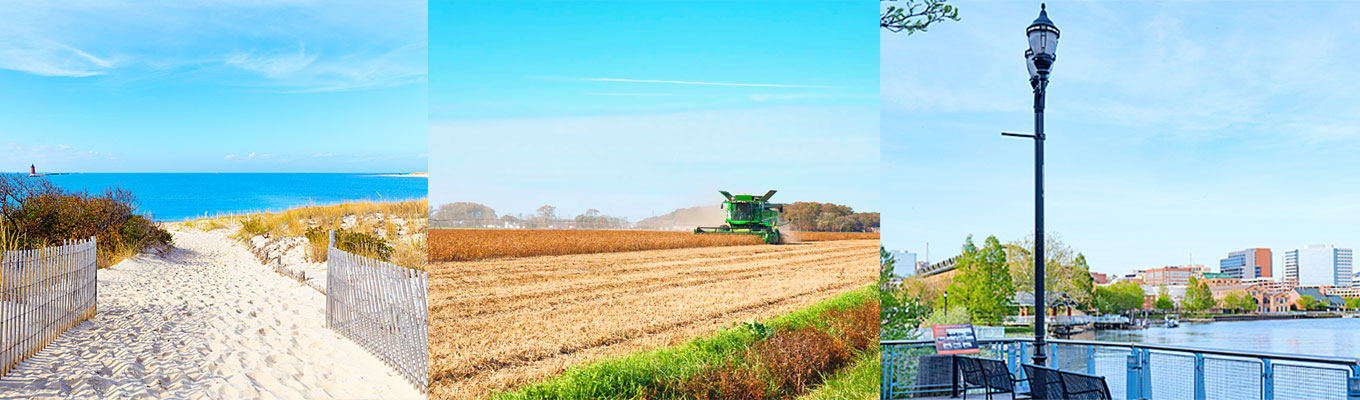 Three images of Delaware - Beach, Farming, and Wilmington Riverfront looking to the city.